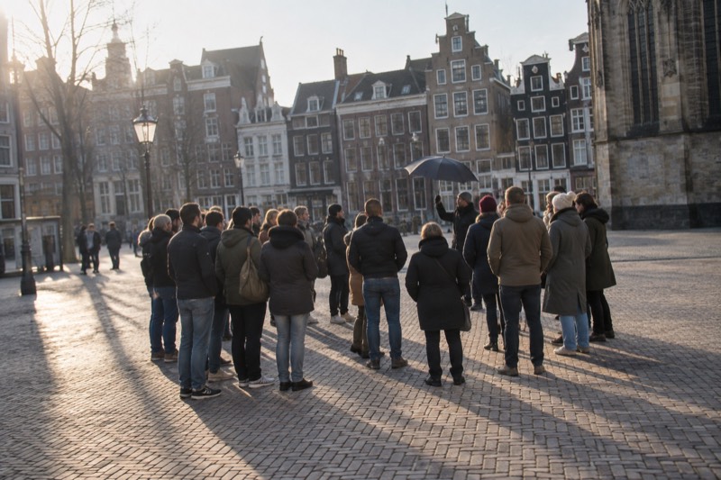 A guide with a raised umbrella talking to a loose circle of about twenty visitors on a wide brick-paved square in the old centre, Amsterdam, Netherlands