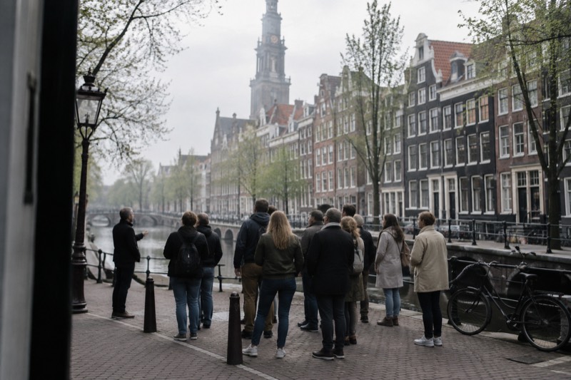A guide and a dozen visitors standing quietly on a canal-side pavement in front of tall narrow brick houses, a church tower rising above the rooftops, Amsterdam, Netherlands