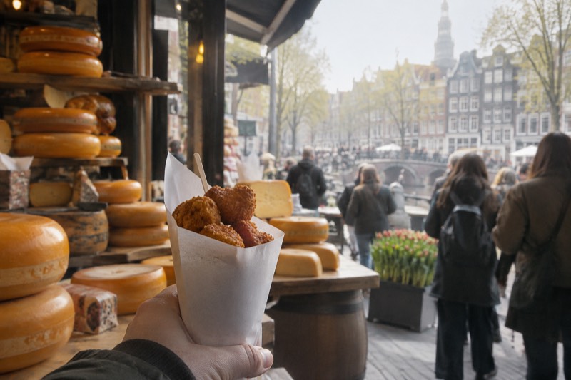 A market stall stacked with whole wheels of Dutch cheese, a paper cone of fried snacks held up in the foreground and shoppers blurred behind, Amsterdam, Netherlands
