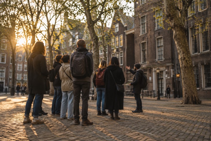 A group standing with a guide on a wide open square lined with plane trees and heavy brick buildings in the old Jewish quarter, Amsterdam, Netherlands