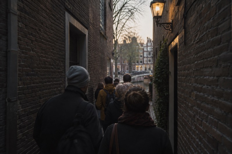 A tight group of visitors following a guide down a very narrow alley between old brick walls at dusk, Amsterdam, Netherlands