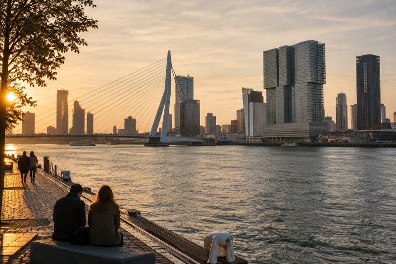 A skyline of angular glass towers above a wide grey river with a white cable-stayed bridge crossing it, Rotterdam, Netherlands