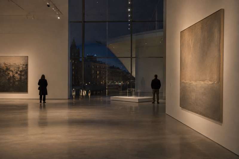 A wide white gallery with a bare polished floor and a smooth curved white overhang visible through the tall window, two visitors at a distance, Museum Quarter, Amsterdam, Netherlands