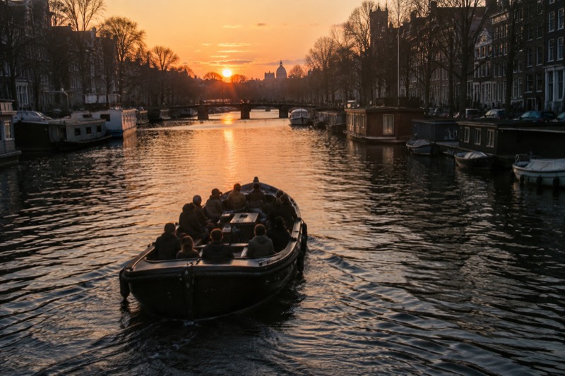 An open canal boat on a wide waterway at sunset, low orange light spread across the water and the passengers in silhouette along the benches, Amsterdam, Netherlands