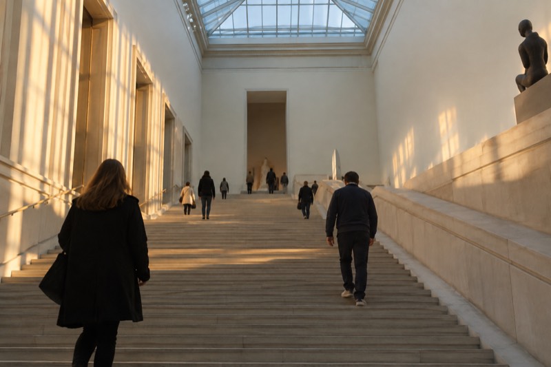 Visitors spread out on a broad open staircase inside a bright modern museum with pale empty walls and daylight falling from a glass roof, Museum Quarter, Amsterdam, Netherlands