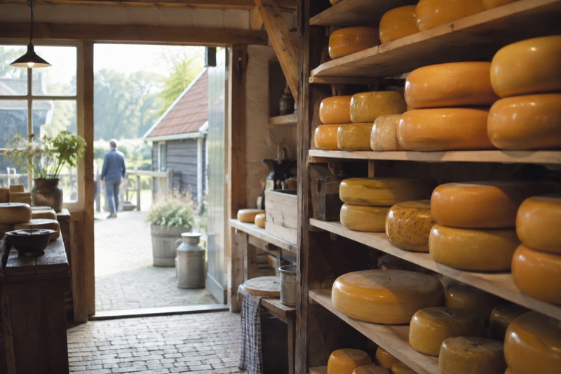 Stacked yellow wheels of Dutch cheese on wooden shelves in a small timber farm shop, Edam, Netherlands
