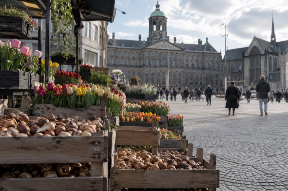 Wooden crates of colourful tulip bulbs stacked in a Dutch bulb shop