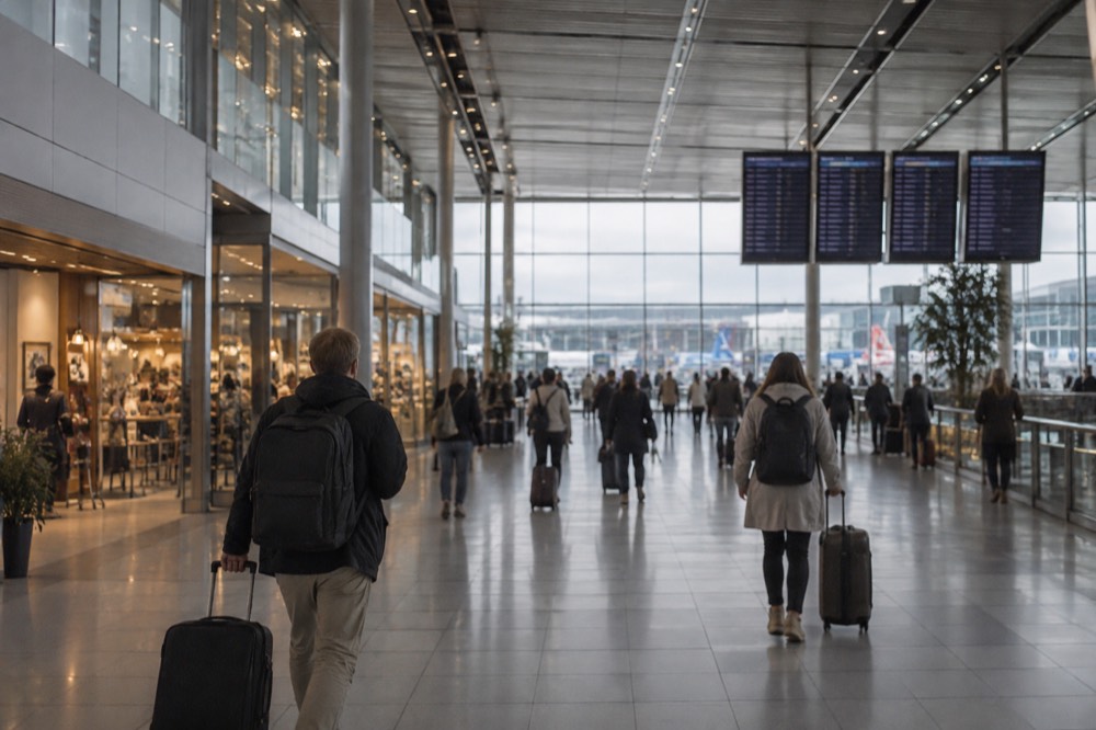 Travellers walking through a wide airport concourse with shop fronts and flight information screens