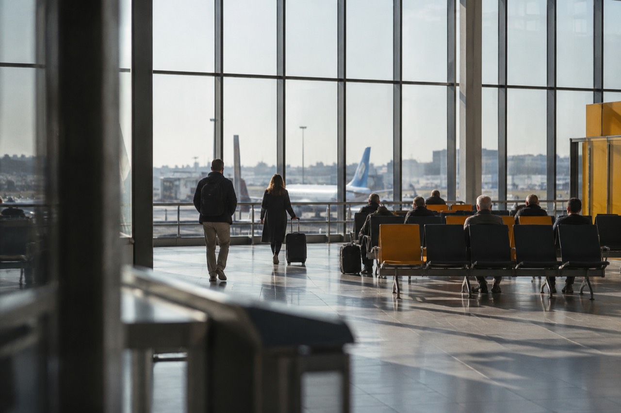 View across an airport departure hall with tall windows, seating rows and yellow wayfinding signs