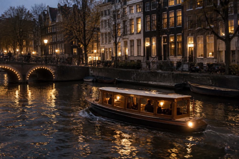 A classic wooden saloon boat cruising past narrow canal houses on the Amstel river