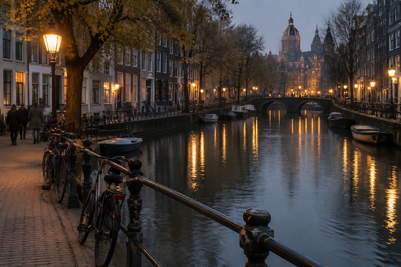 Canal houses and bicycles along a quiet Amsterdam canal in morning light
