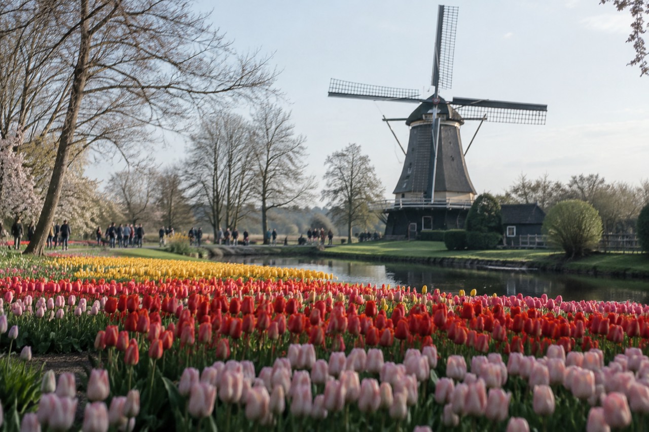 Rows of tulips in bloom in front of a windmill near Keukenhof in Lisse