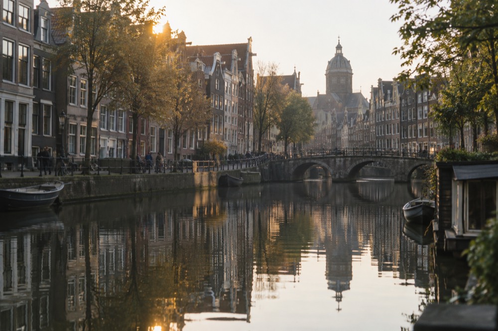 Amsterdam canal houses reflected in still water on a quiet morning