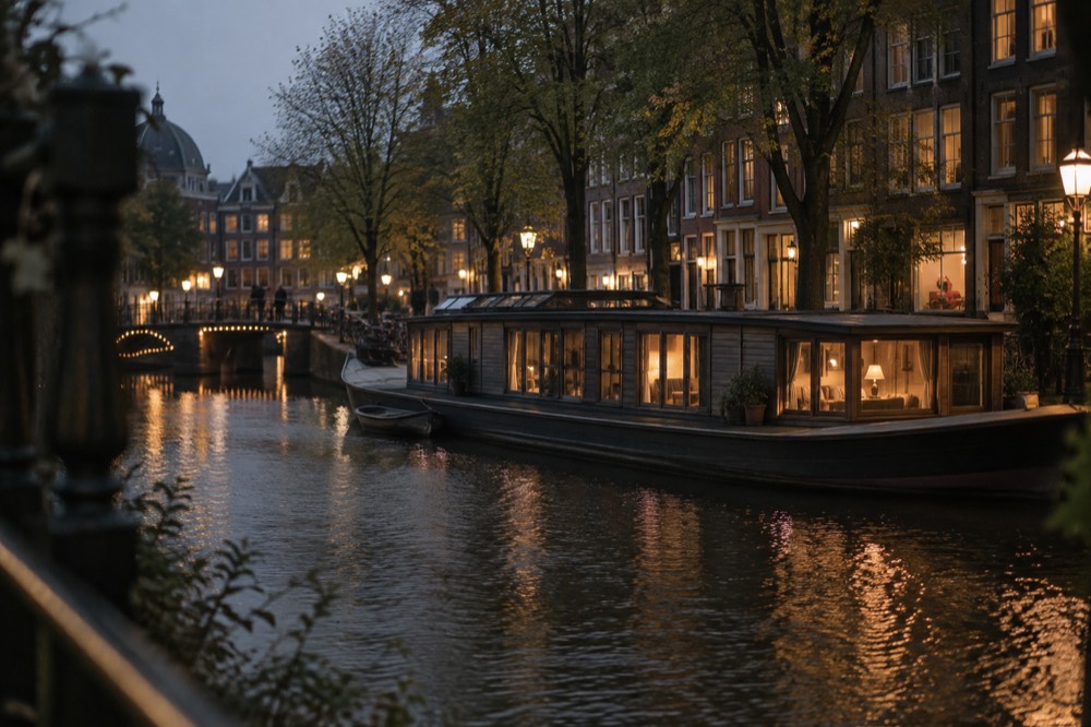 A wide Amsterdam barge houseboat with large windows moored beside a tree-lined canal