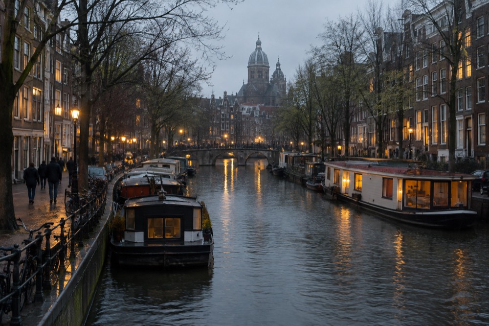 A narrow Amsterdam canal at dusk with houseboats moored along the quayside and warm window lights