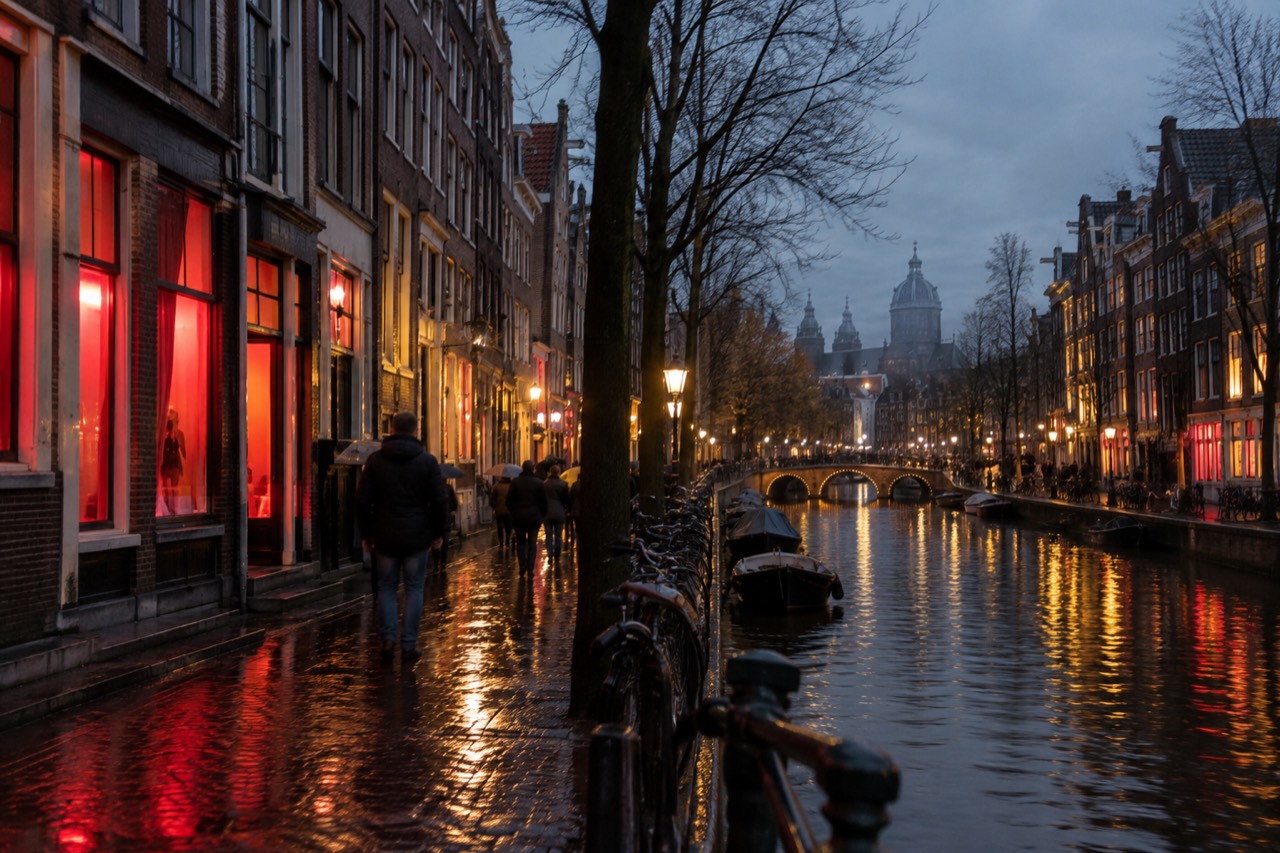 Illuminated canal-side buildings in Amsterdam's old centre at dusk with narrow streets and old brick facades