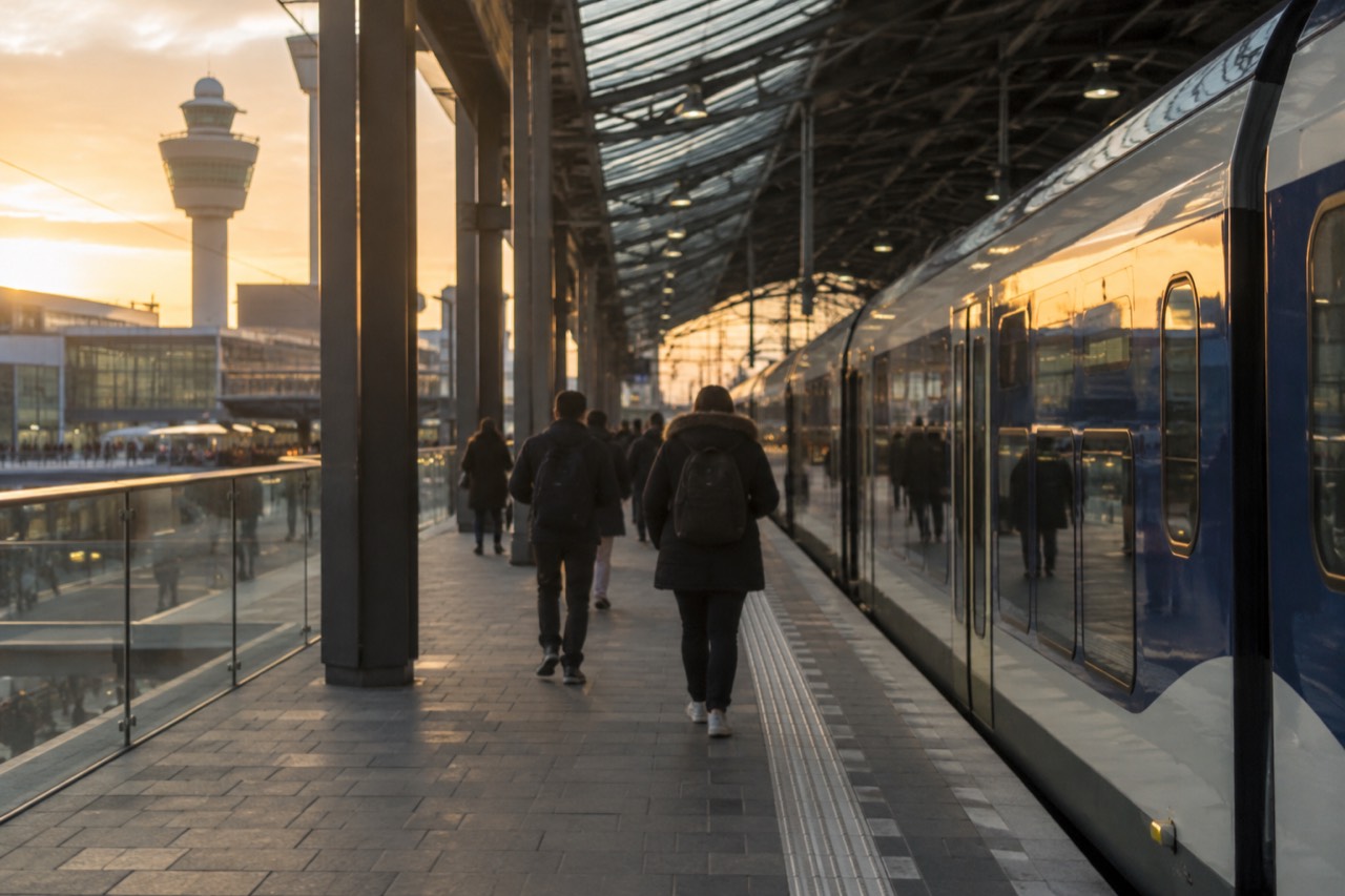 A railway platform beside a large airport terminal with a train waiting at the platform