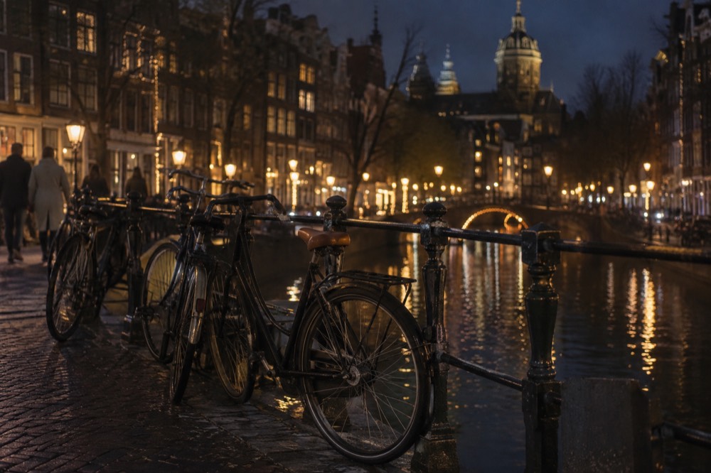 Bicycles parked on a bridge over an Amsterdam canal in soft evening light