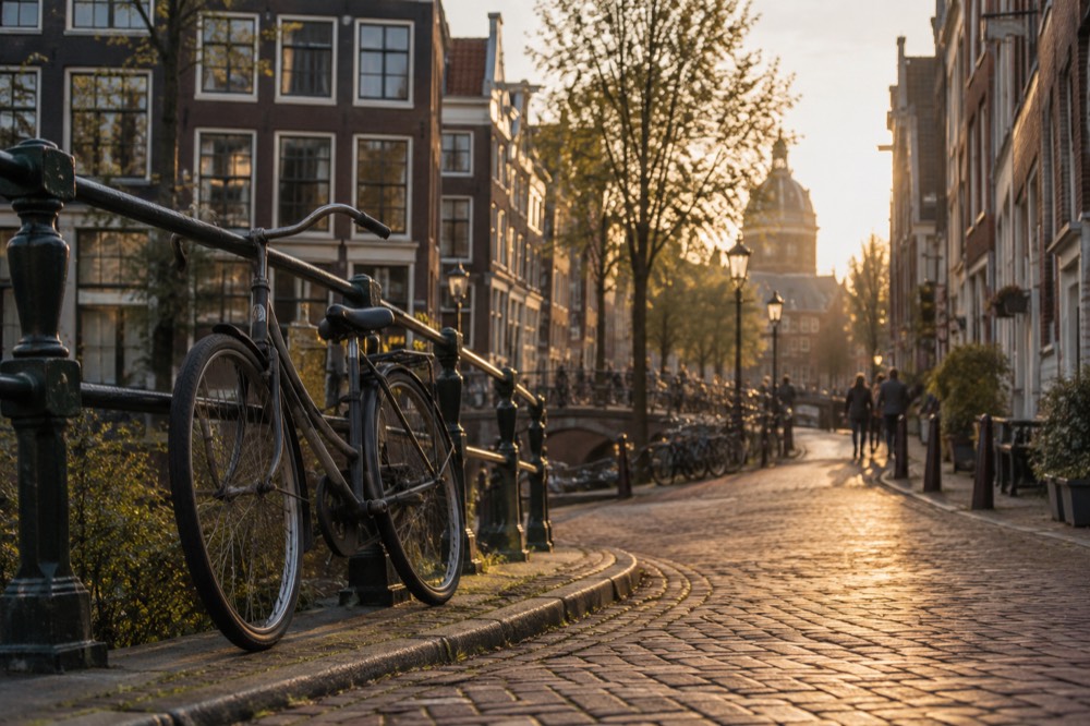 A narrow Amsterdam street with brick facades and a bicycle leaning against a canal railing