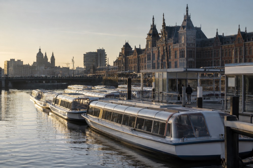 River cruise vessels moored in a row along the IJ waterfront beside Amsterdam Centraal station