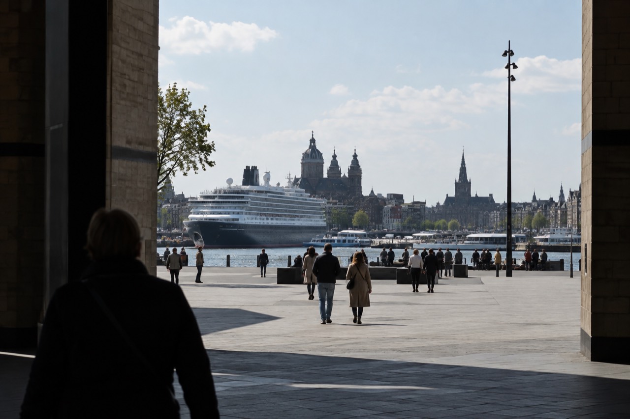 A cruise ship moored on the IJ waterfront with the Amsterdam city centre skyline beyond