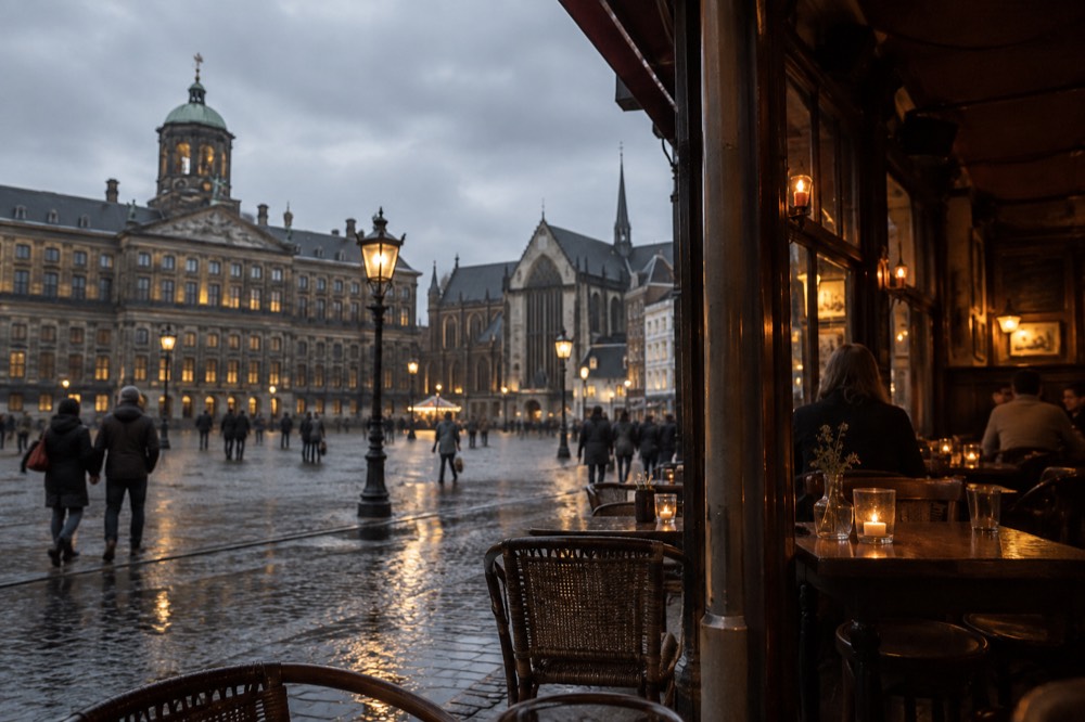 A candlelit Amsterdam brown cafe interior with wooden tables on a winter evening