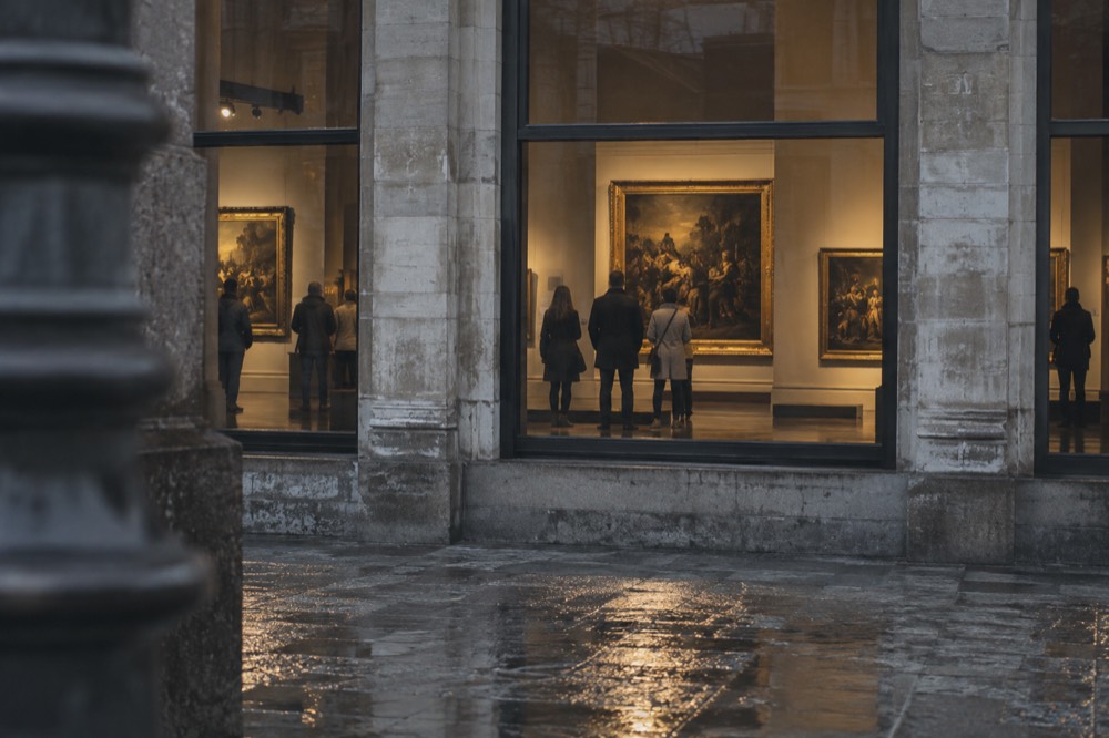 Gallery hall with visitors viewing large golden age paintings under warm lighting