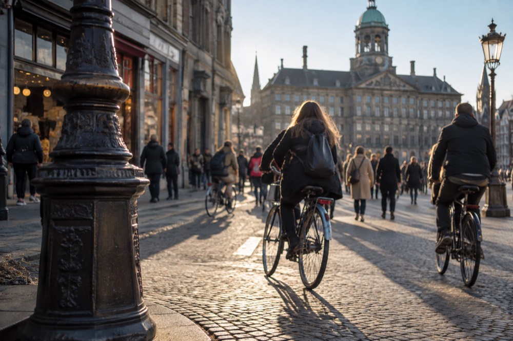 A busy Amsterdam street with cyclists and pedestrians passing shops
