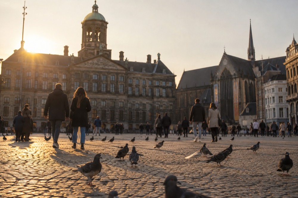 A street-level view of Dam Square on an ordinary weekday morning