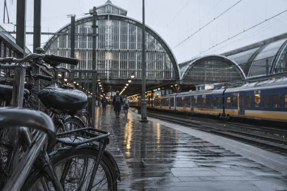 The station hall of Amsterdam Centraal seen from the platforms with bicycles lined up outside