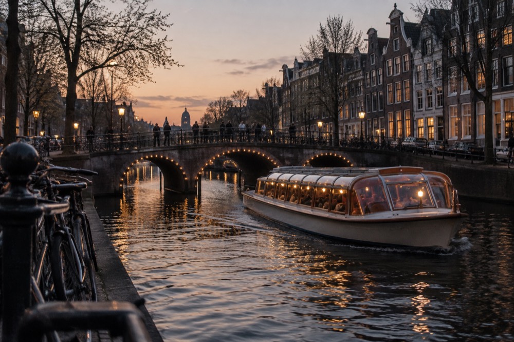 A canal in the centre of Amsterdam at dusk with an illuminated saloon boat passing under a bridge