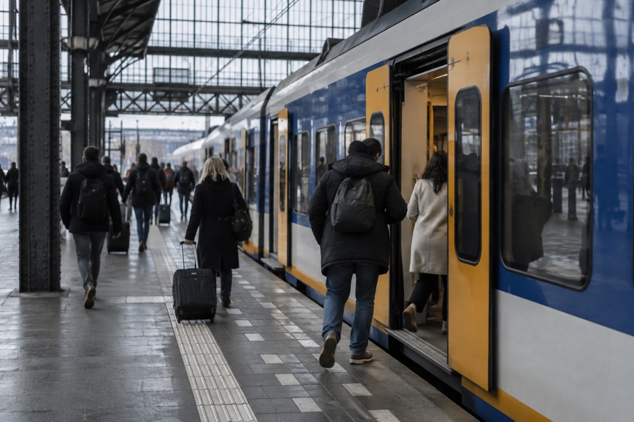 A train platform at Amsterdam Centraal station with travellers boarding a sprinter train