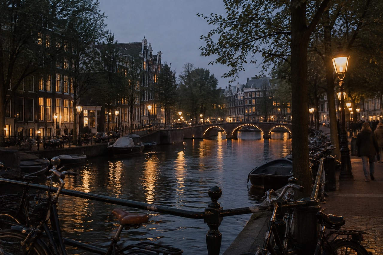 Canal houses and a tree-lined quay in Amsterdam at dusk