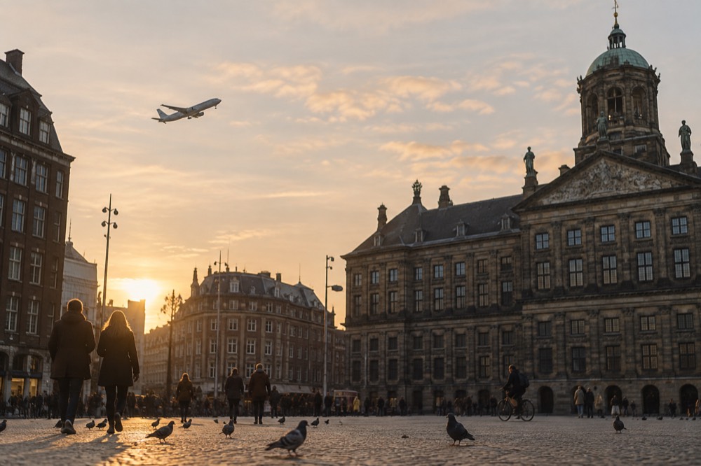 A passenger aircraft climbing over flat Dutch polder fields on approach to Amsterdam