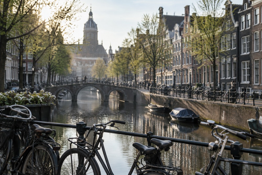 A narrow Amsterdam canal lined with tall gabled houses and bicycles on the bridge railings