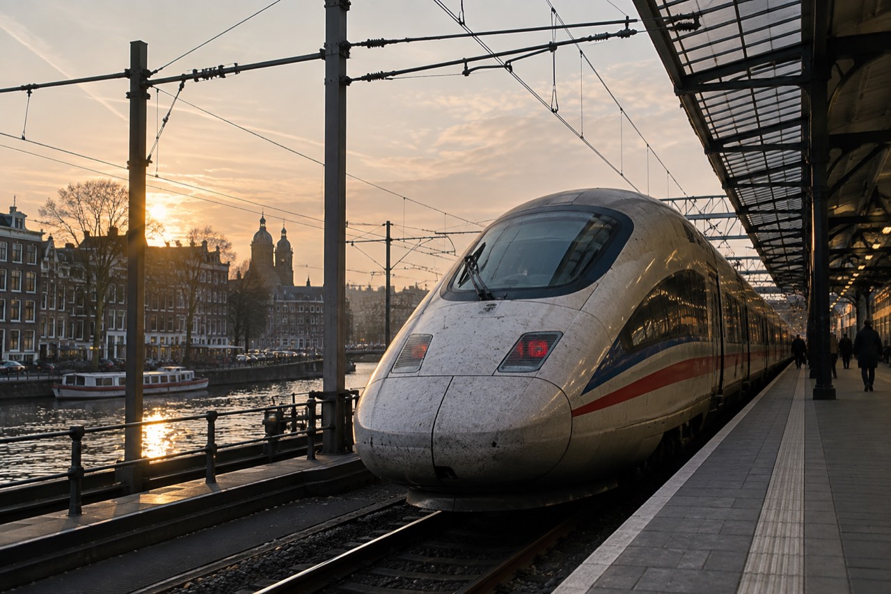 A high-speed train standing at a platform beside a canal-side station in Amsterdam