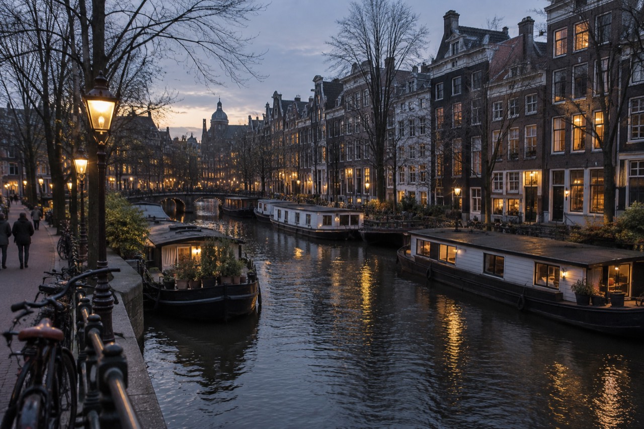 Canal houses along an Amsterdam gracht with houseboats moored at the quay