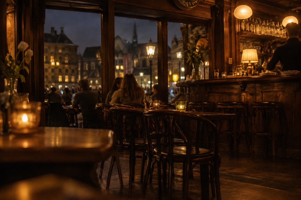 A brown cafe interior with wooden tables, a small bar and warm lamplight