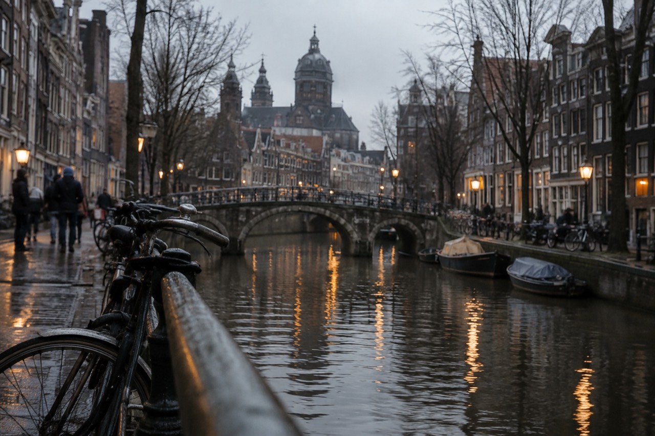 A quiet Amsterdam canal lined with brick houses and bicycles at dusk
