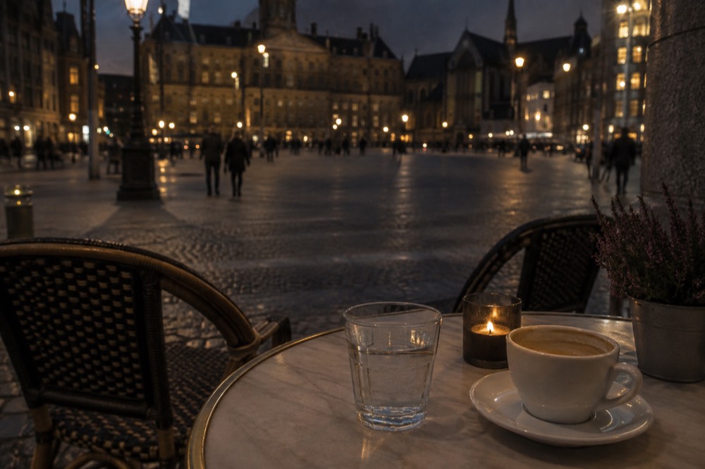 A café table with a glass of water and a coffee cup on a Amsterdam terrace