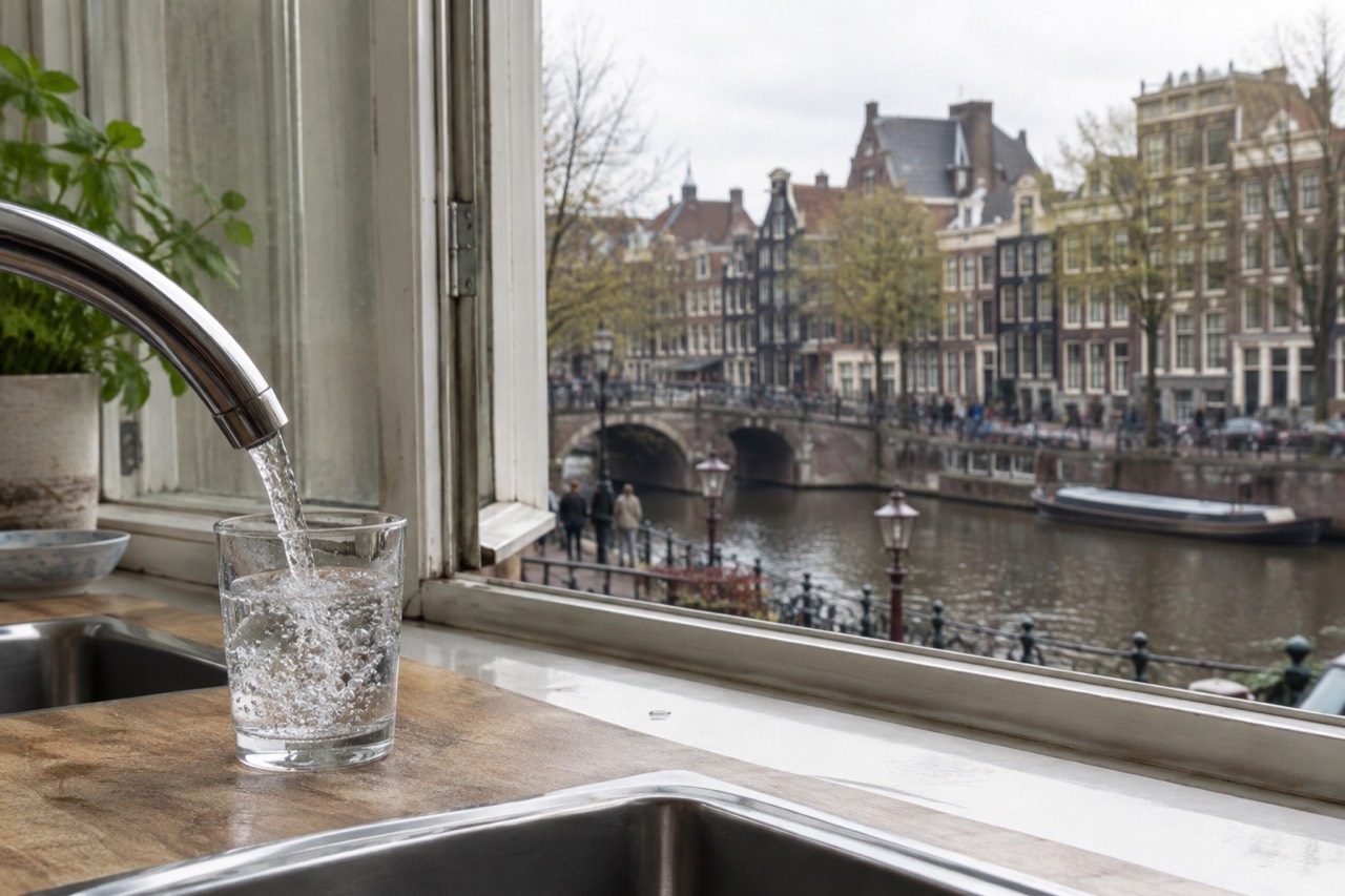 A glass of water filled from a kitchen tap beside an open window overlooking Amsterdam canal houses
