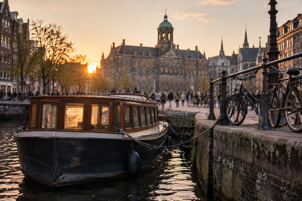 A canal boat moored beside a stone quay with bicycles leaning on a railing in Amsterdam