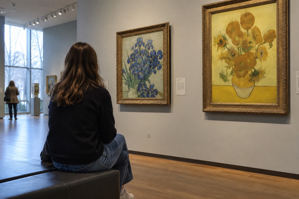 Gallery interior with large paintings of sunflowers and blue irises hanging on a pale wall