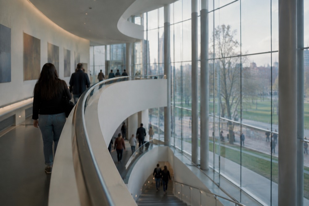 Visitors' viewpoint of a curved modern museum staircase beside tall windows