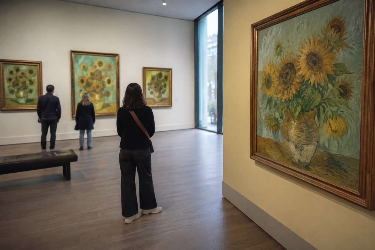 Sunflowers painting style gallery wall in a bright modern museum room