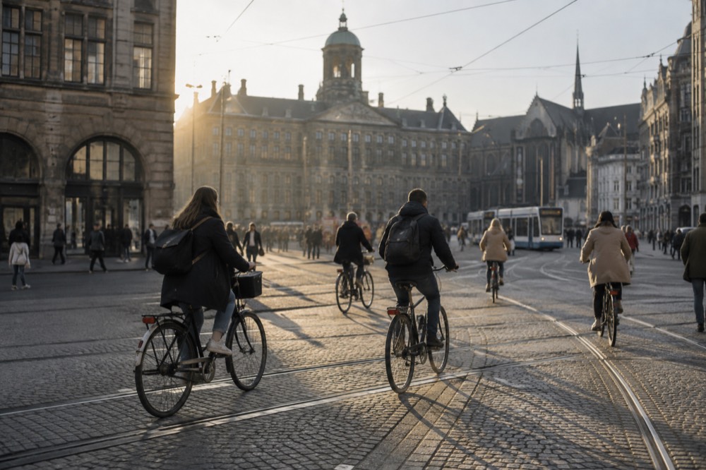 Cyclists crossing a busy Amsterdam junction with tram lines in the road surface