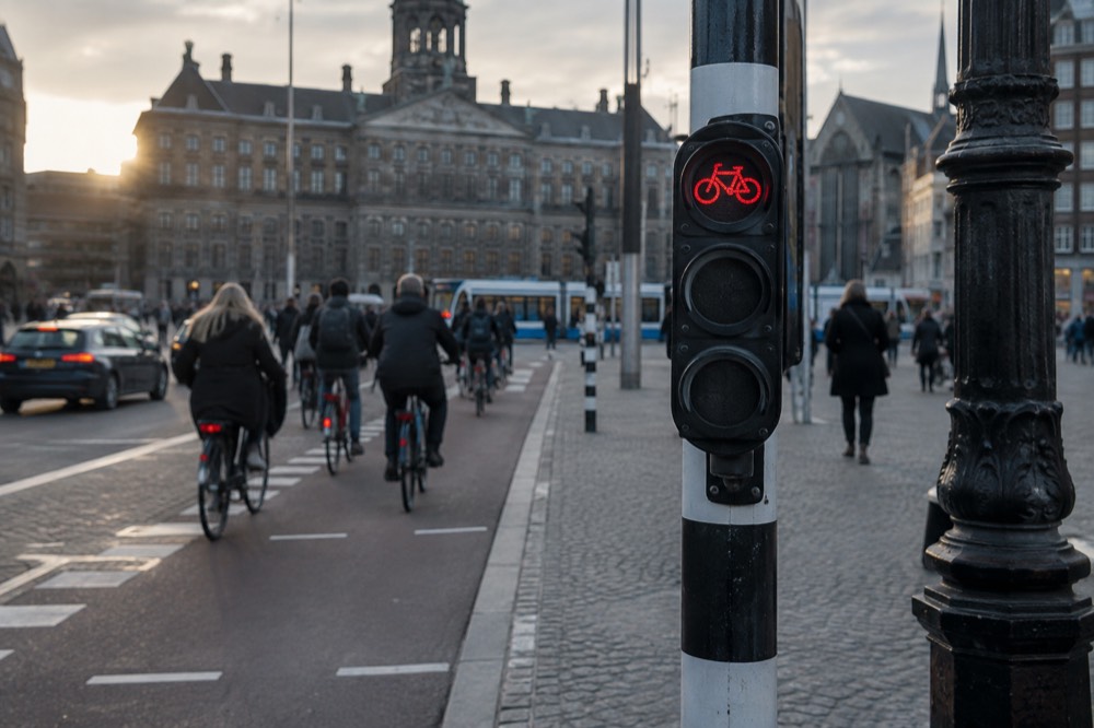 A bicycle traffic signal showing red beside an Amsterdam bike lane