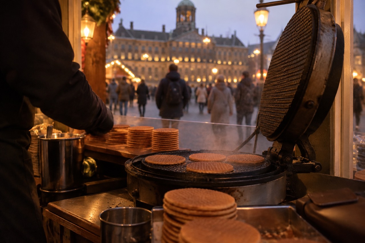 Fresh stroopwafels being pressed on a hot waffle iron at a Amsterdam market stall