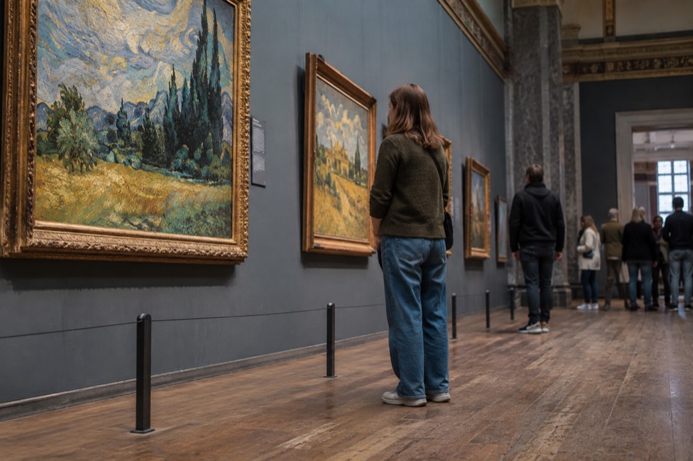 Gallery visitors viewing large Van Gogh canvases hung in a bright museum room