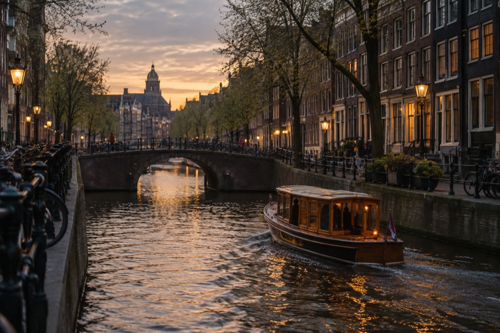 A wooden saloon boat passing under a small arched canal bridge at golden hour